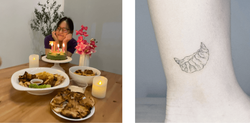 Photo of a person in front of food and a cake, and another photo of a tattoo of a gyoza on the ankle