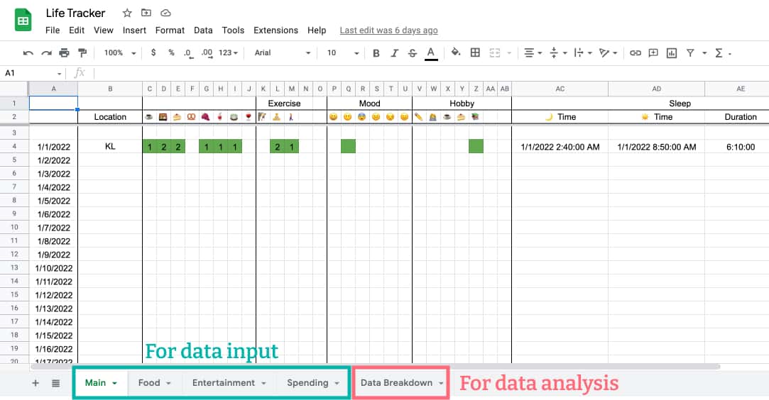Screenshot of the Life Wrapped template on Google Sheets